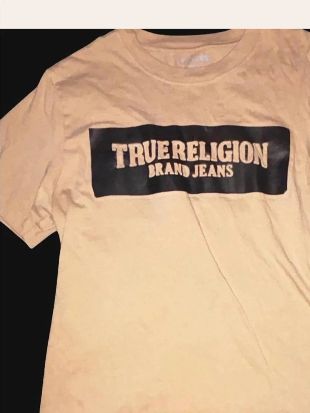 True Religion Beige Tee with Black Logo Banner